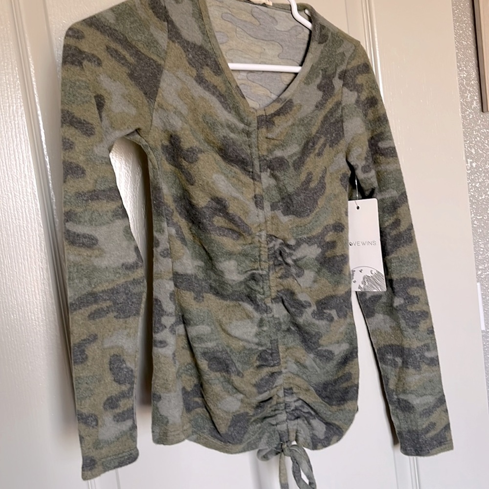 Love Wins fuzzy camouflage sweater. Size XS